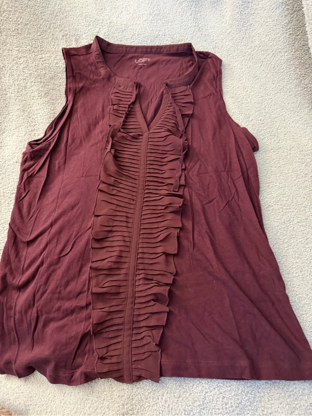 LOFT Women's Sleeveless Ruffle Front Top - Burgundy size L